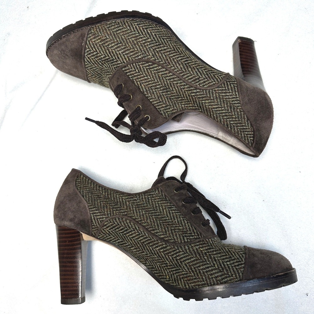 Women Oxford Heels Size 9.5M Preppy Academia Pinup Brown Green Herringbone Suede